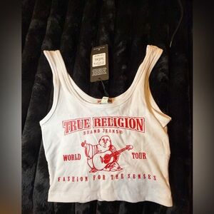 True Religion Logo Crop Tank – White/Red – Size XS